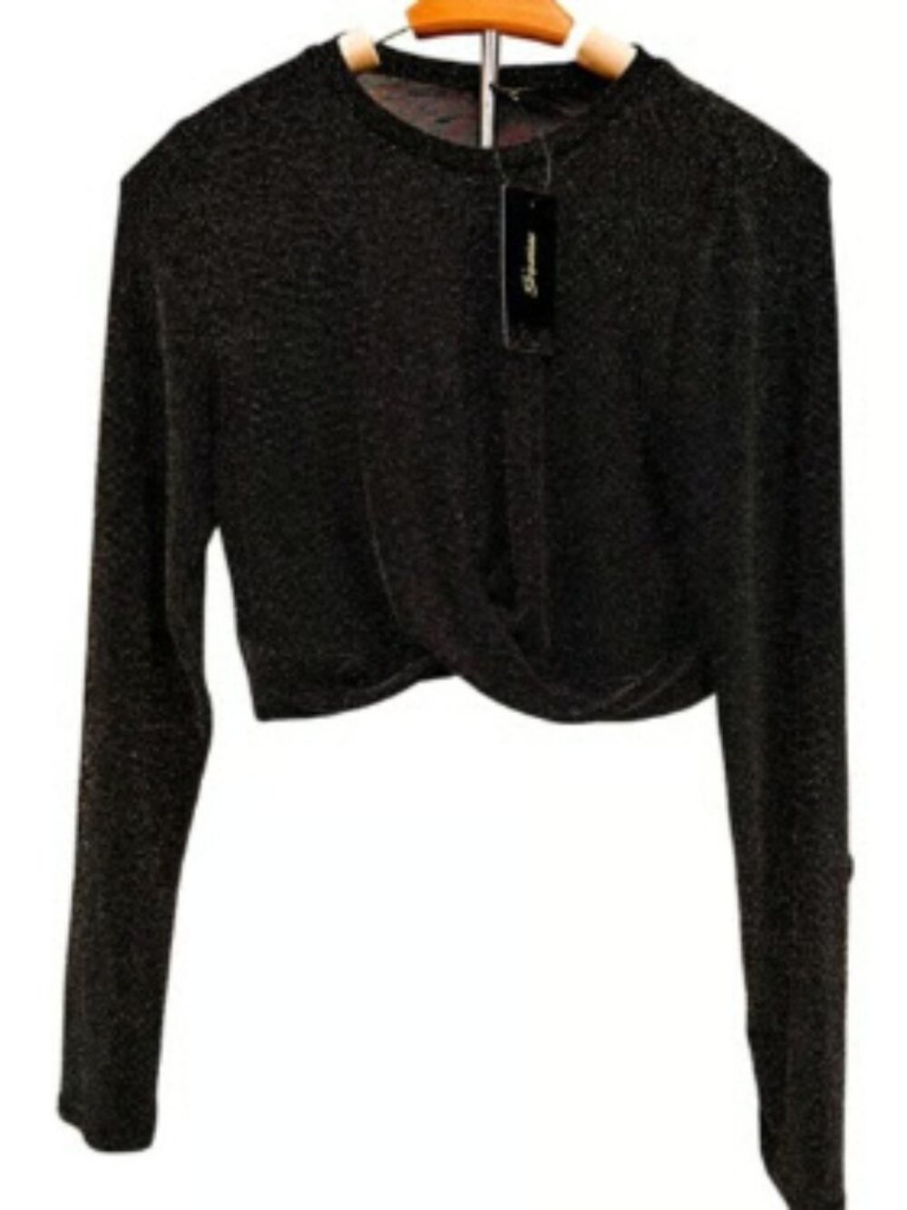 NEW Shimmery Black Gold Long Sleeve Twist Front Crop Top Breathable Y2k Large